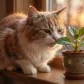 Кошка нюхает цветок