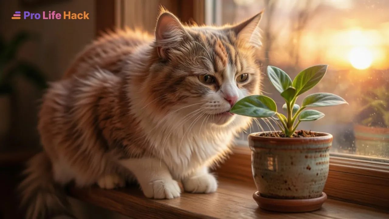 Кошка нюхает цветок