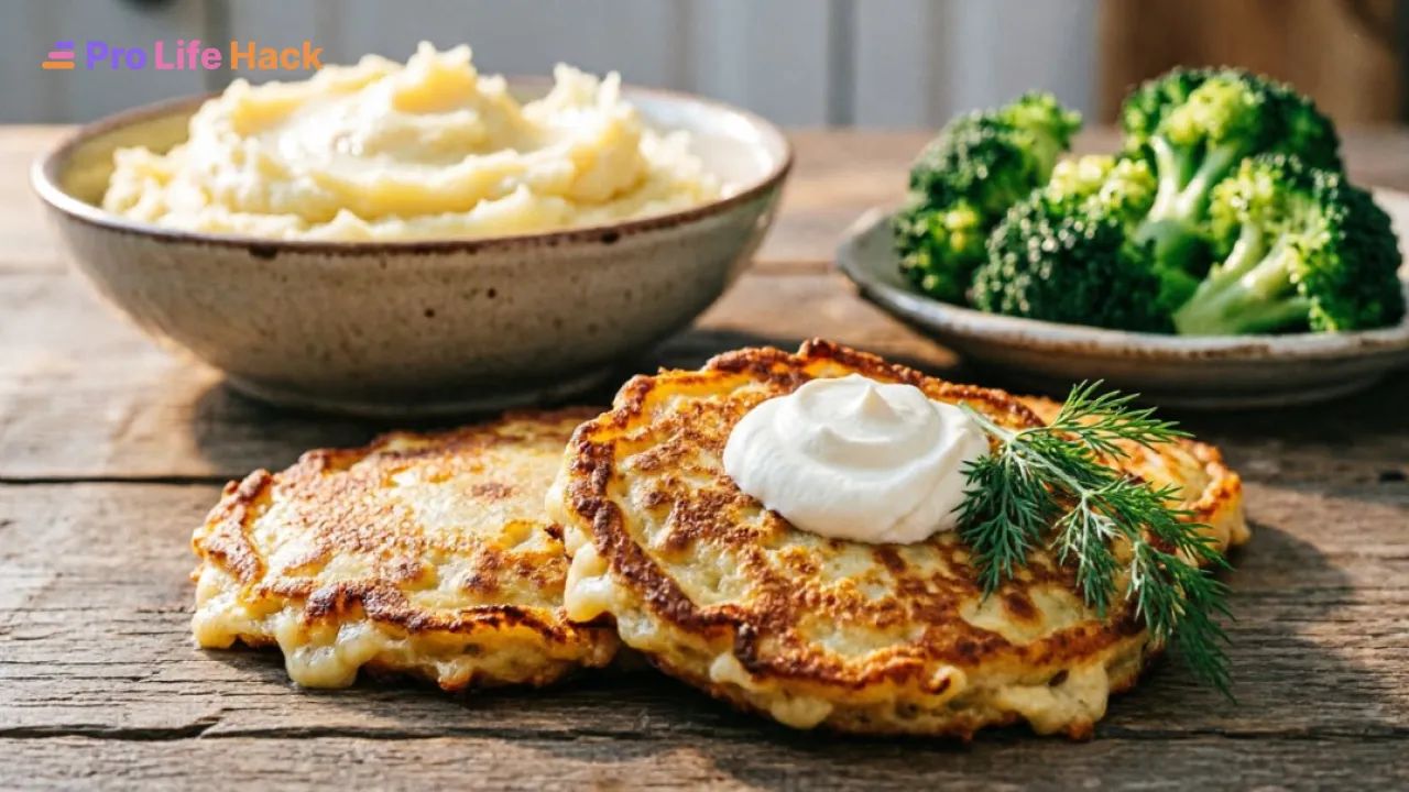 Пюре, брокколи и картофельные оладьи